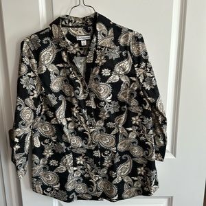 Ladies black, gray and tan paisley print blouse